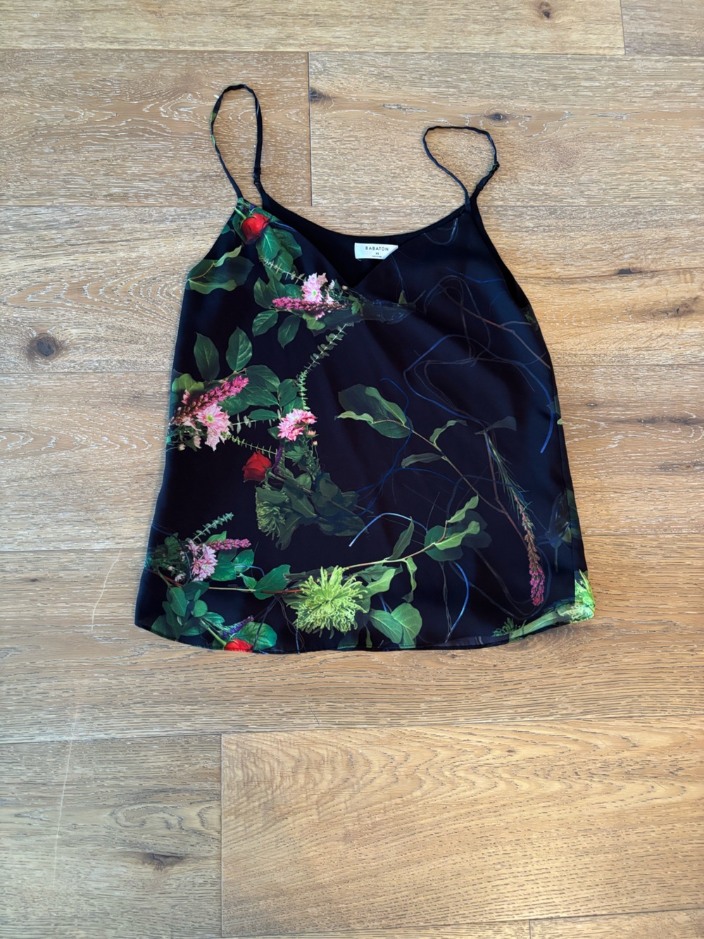 Babaton Black Floral Silk Blend Top with Green & Pink Botanical Print